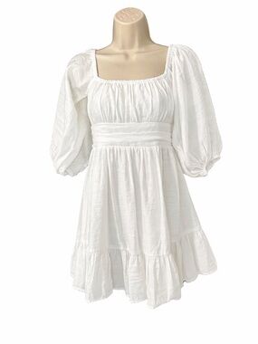 Fortunate One White Mini Dress XS Puff Sleeve Open Back Tie Ruffle Lined Boho